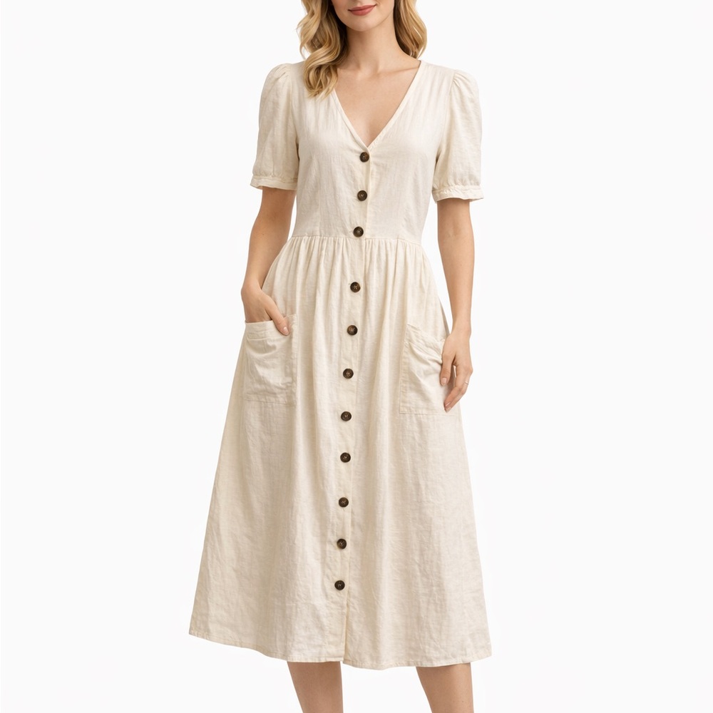 Zara Cream Button-Front Midi Peasant Dress